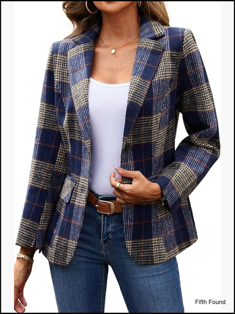 Plaid Houndstooth Blazer Lapel Collar Boyfriend Fit Office Work Jacket